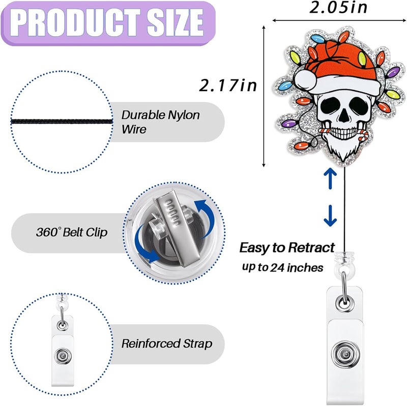Bydevia Funny Santa Skull Christmas Badge Reel Retractable for Nurse Nursing Student RN MA CNA LPN Medical Worker & Teacher, Funny Holiday Nurse Gift, Glitter Radiology Xray Tech Christmas Badge Reel for Work - Image 2